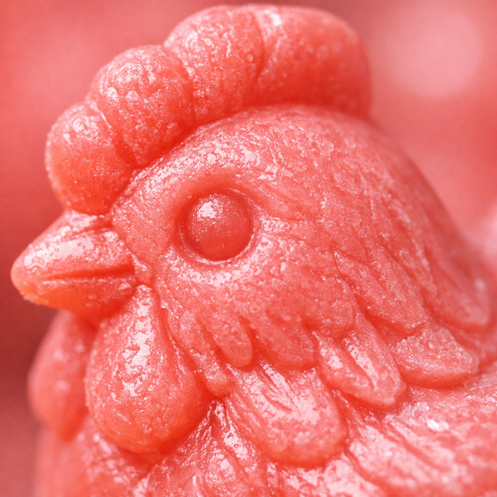 Macro shot showing detailed chicken shape and texture of the candy