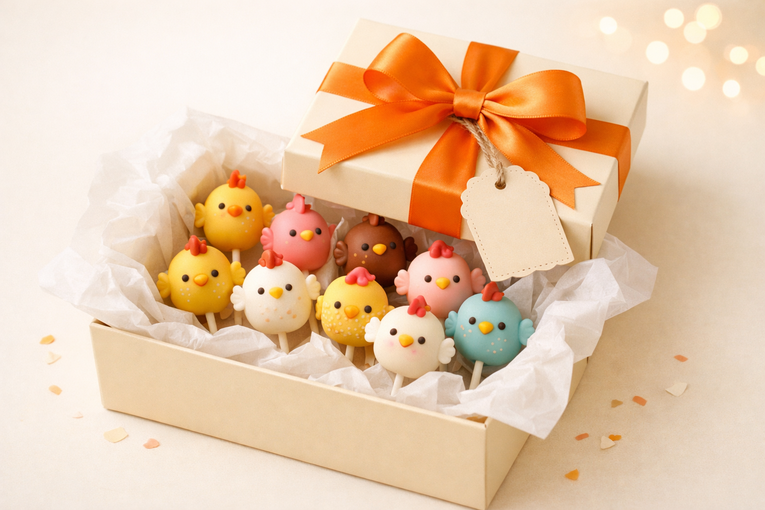 Beautifully wrapped gift box of ChickPops with ribbon and tag