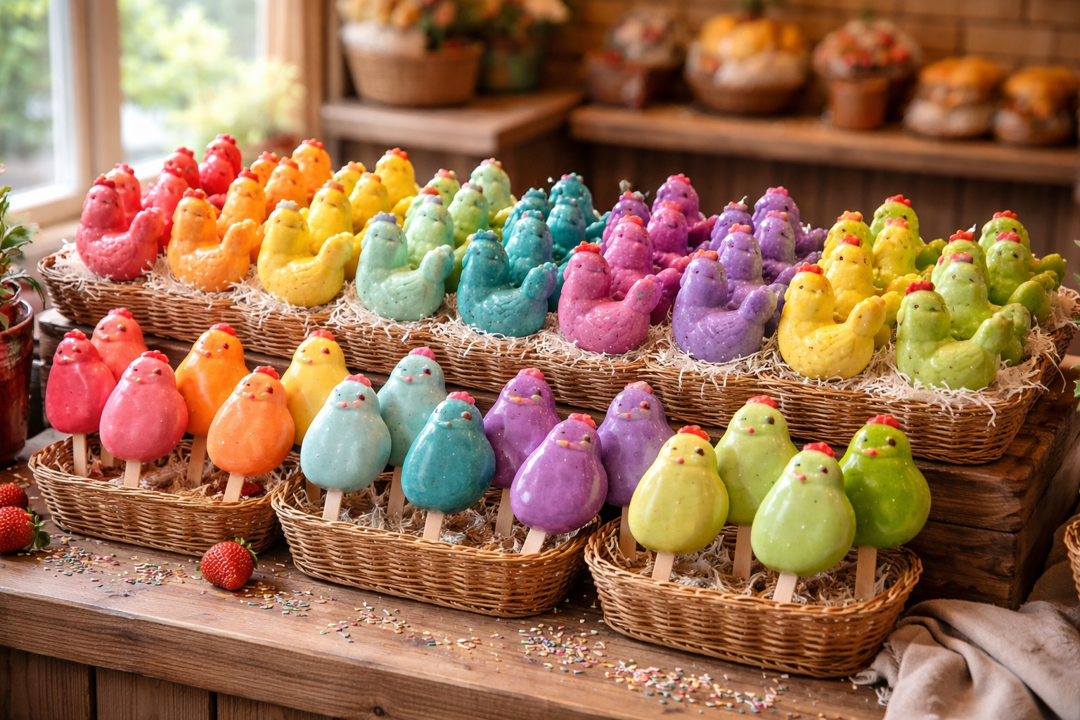 Rainbow collection of chicken-shaped treats displayed on a wooden counter