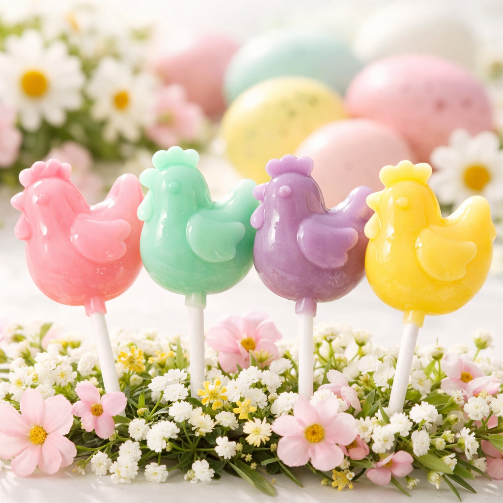 Easter-themed collection of pastel-colored chicken lollipops