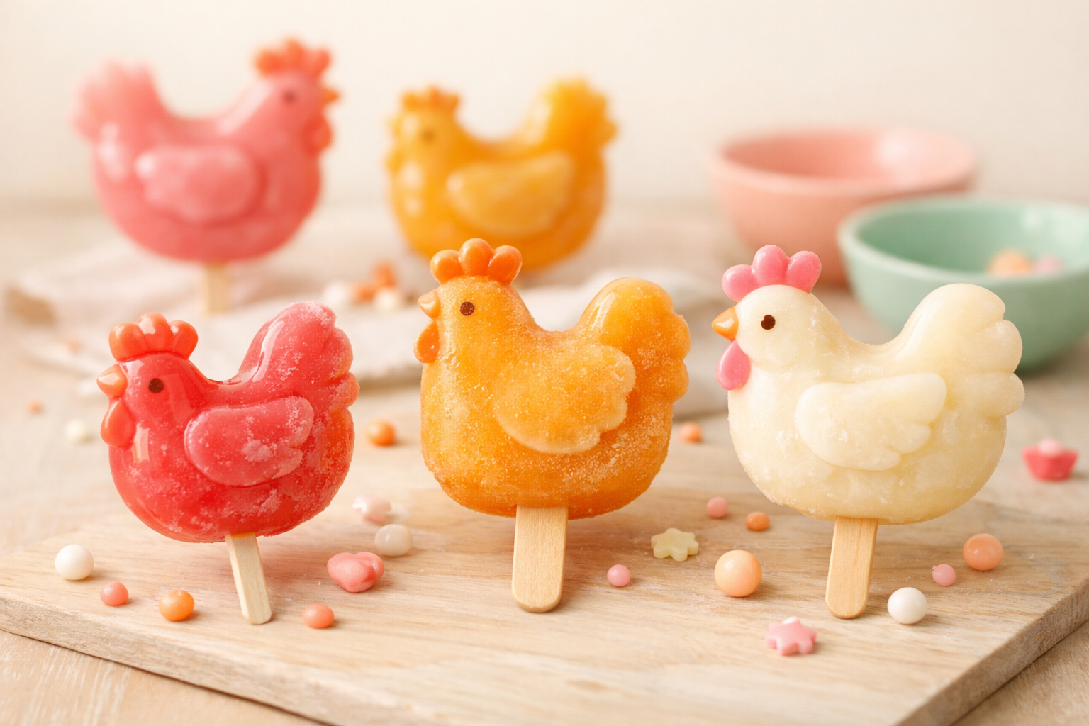 Collection of colorful chicken-shaped lollipops and popsicles arranged on a display