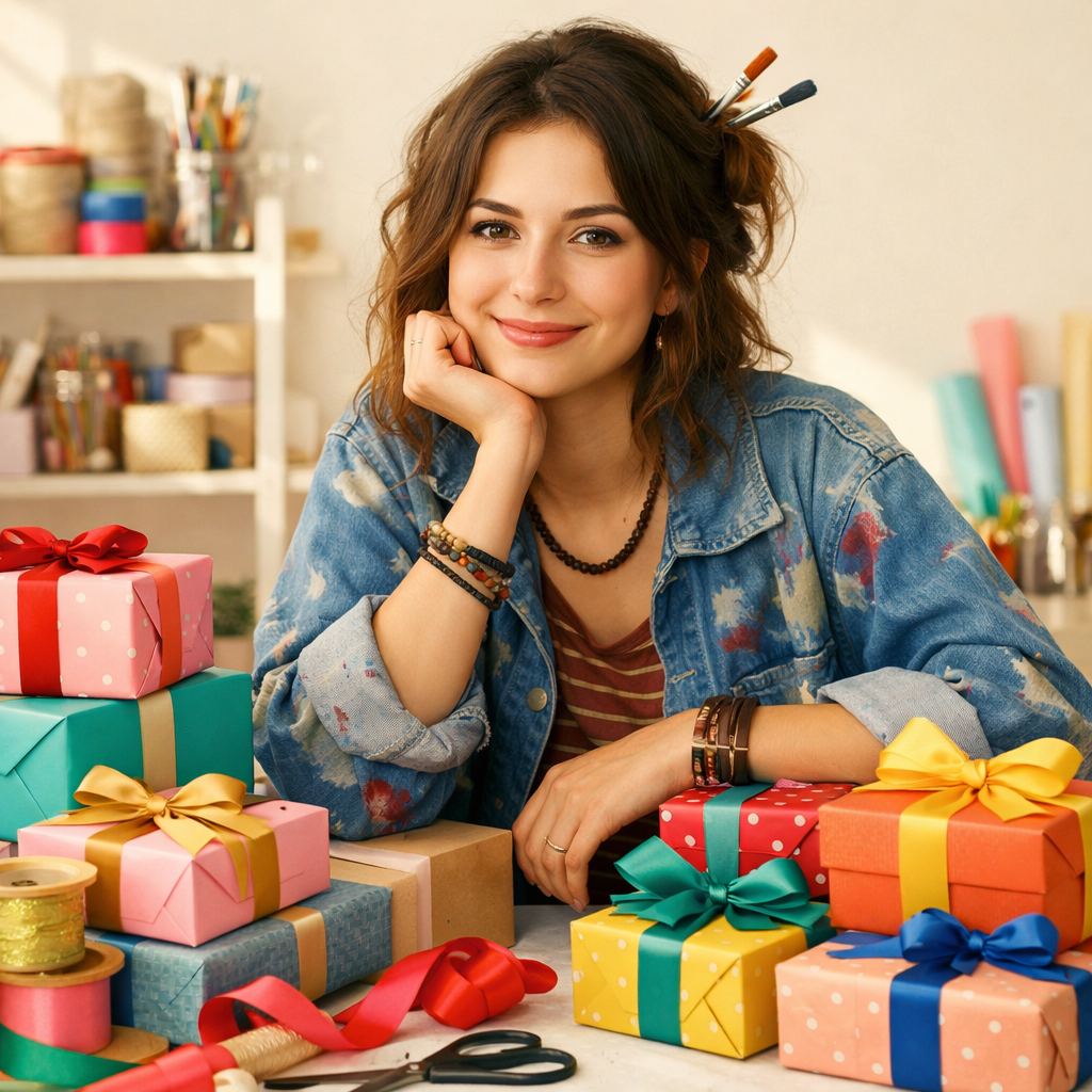 Kasia, packaging and design specialist, with colorful gift boxes