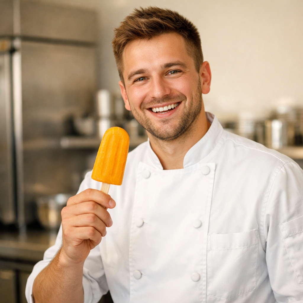 Tomek, frozen treats specialist, holding a mango popsicle