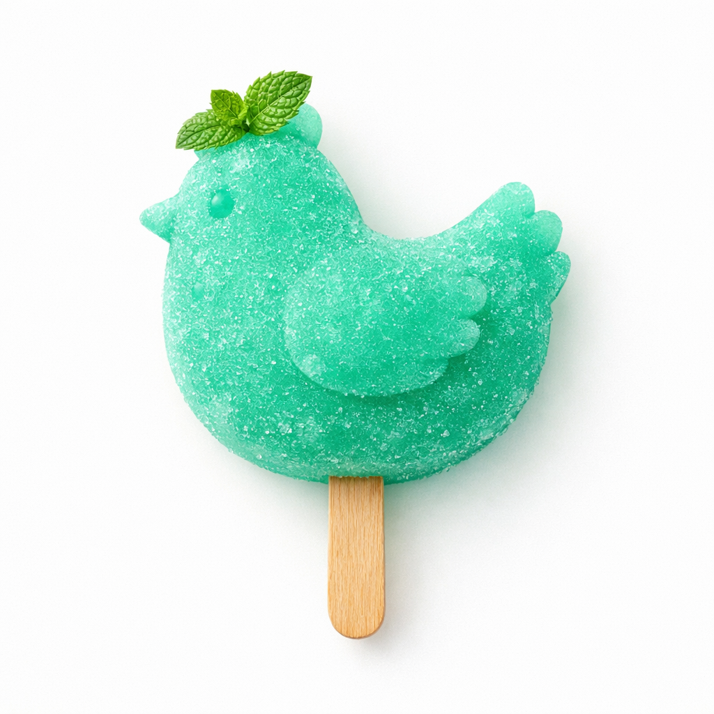 Green chicken-shaped mint lime sorbet popsicle with fresh mint leaves