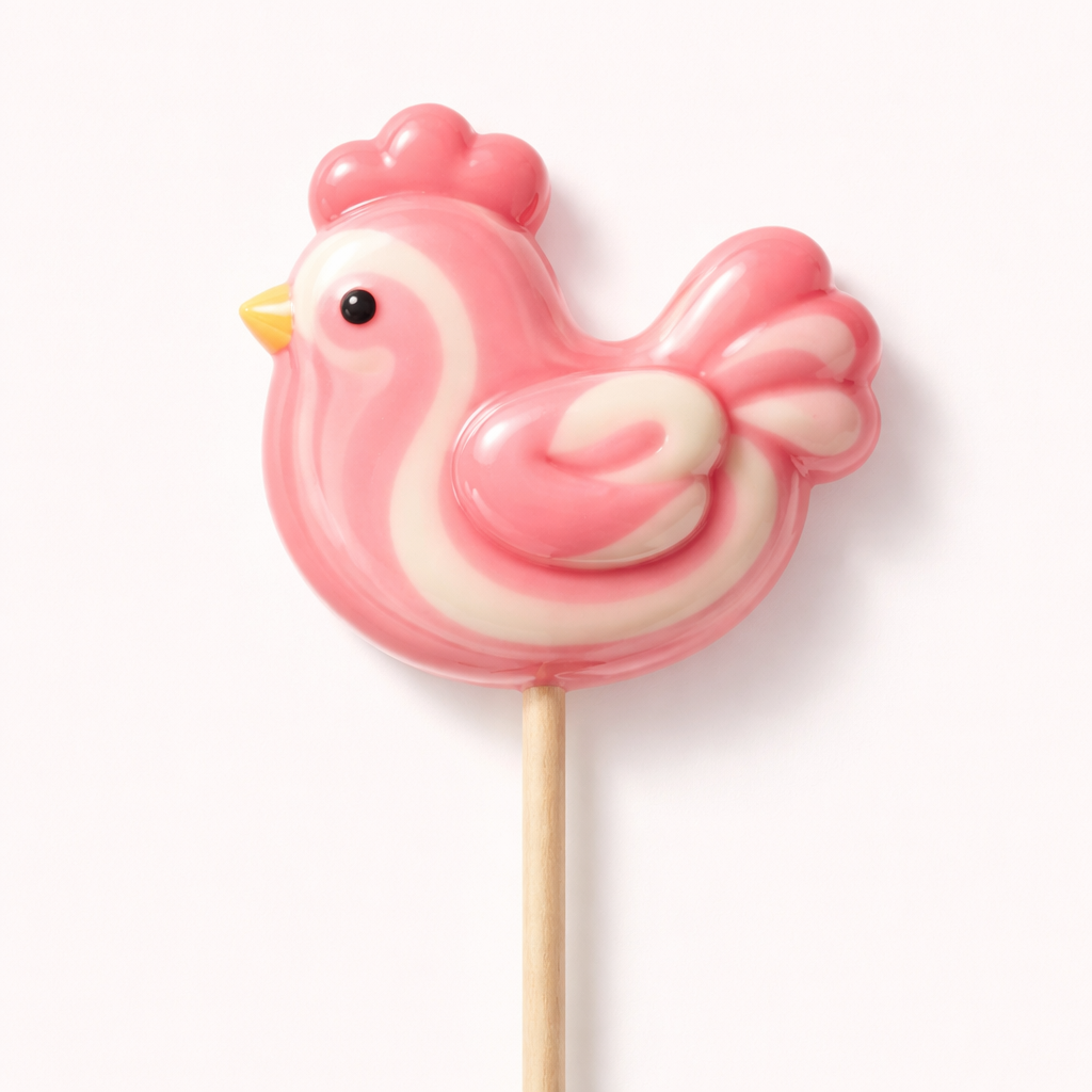 Pink chicken-shaped strawberry cream lollipop with white swirls