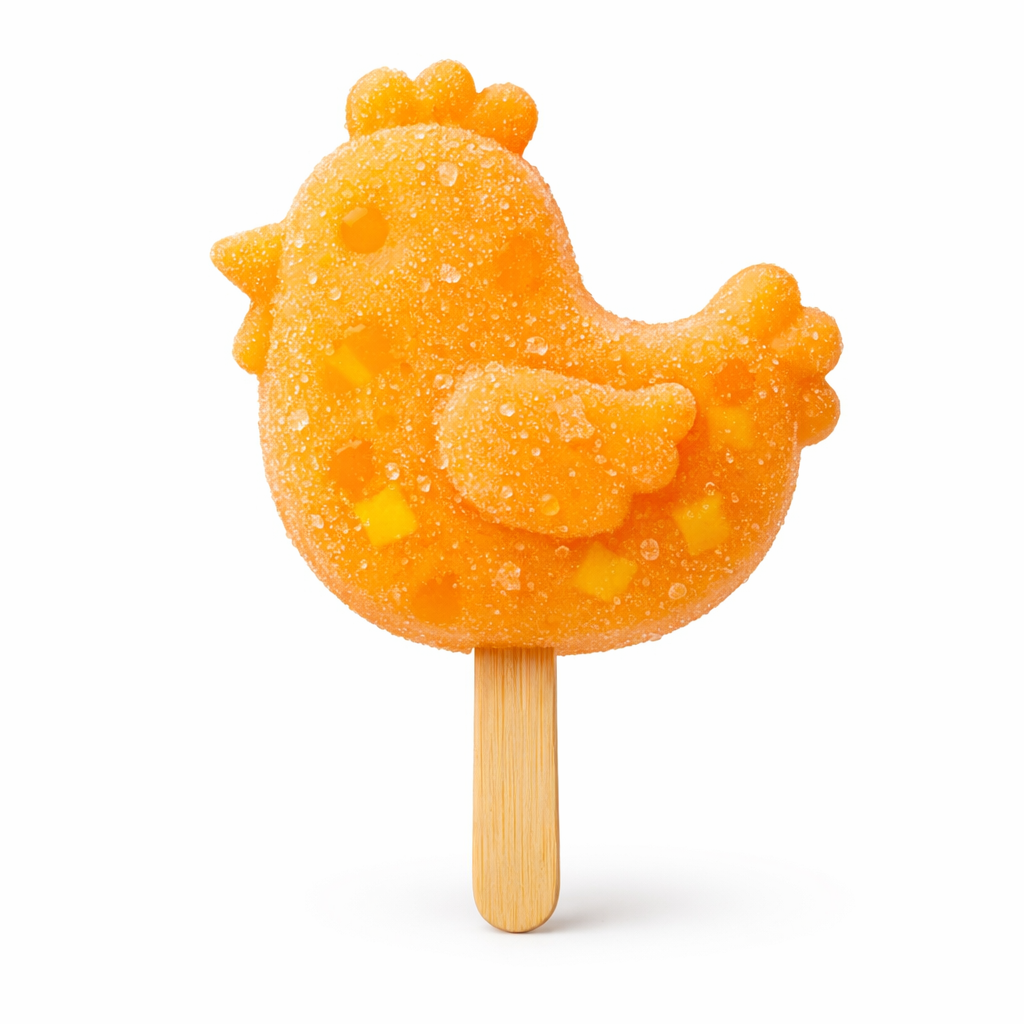 Orange chicken-shaped mango popsicle with tropical fruit pieces