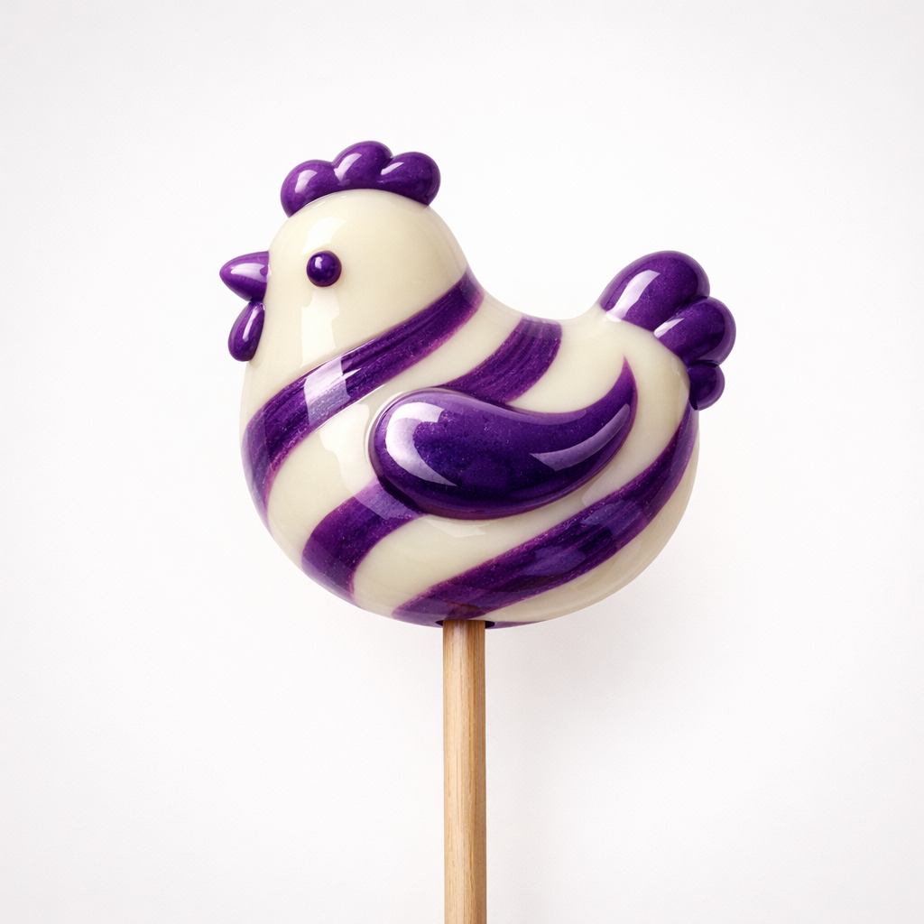 Purple and white chicken-shaped vanilla blueberry swirl lollipop